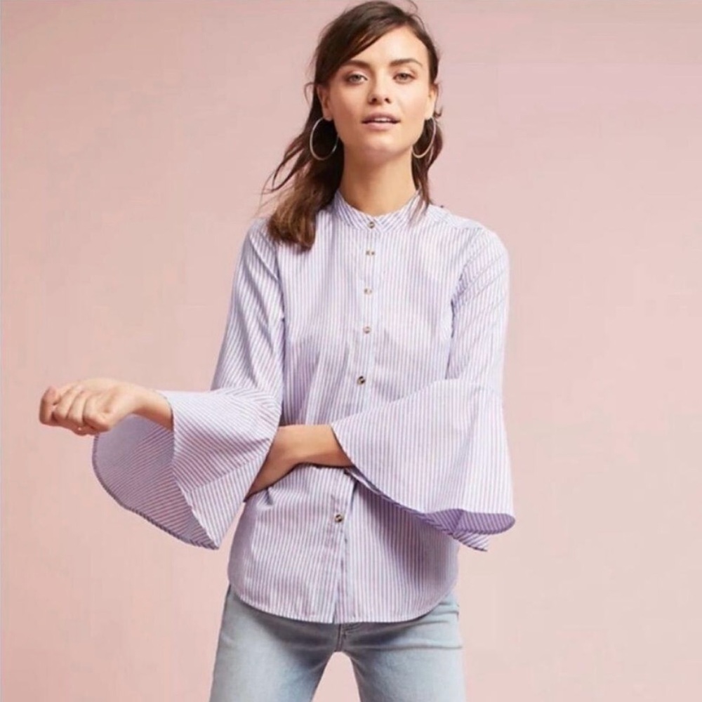 Maeve Blue and White Bell Sleeve Button Down Shirt